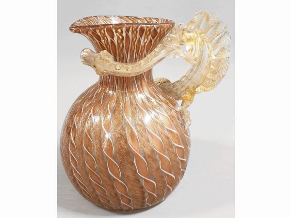 Glass pitcher with reeds and golden leaf, dragon handle.