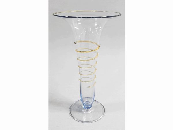 A Pauly & C.trumpet glass trasparent ligth blue vase with amber spiral decor