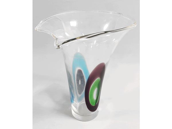 A calla shaped blown glass vase with two big multycolour murrine