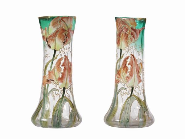 Pair of blown enamelled Legras glass vase with poppies in relief