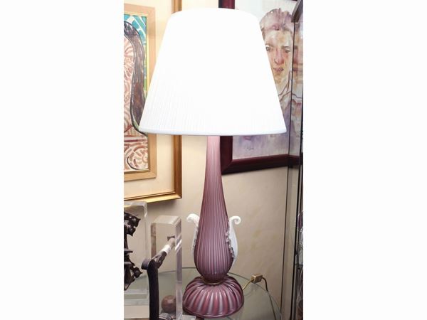A cordonato violet table lamp with lattimo and trasparent lleaves applied