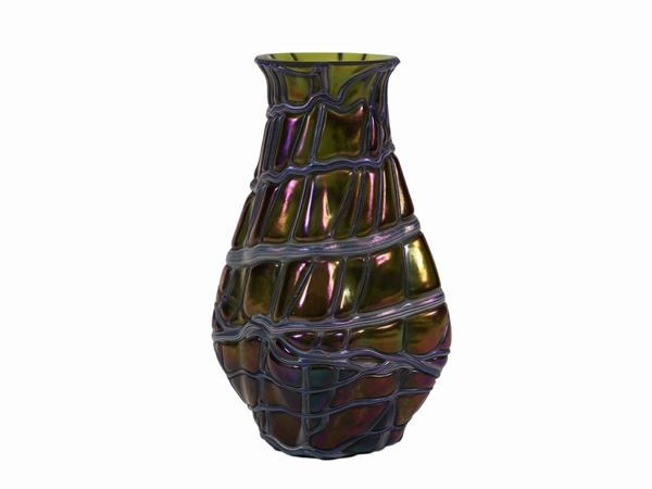 A Pallme-Konig small iridescent glass jar with heat applied filaments