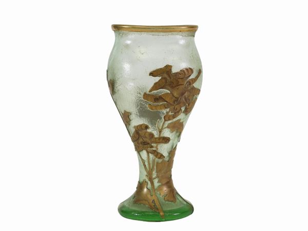 A Legras vase in light green glass with stylized decoration in pure gold. Signed