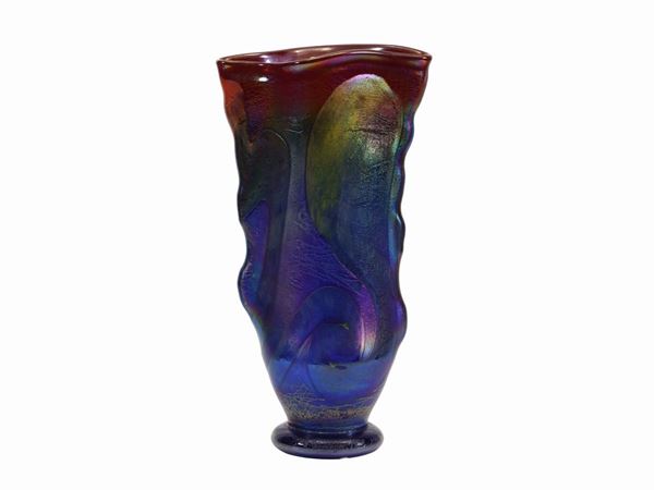 A Wenninger red glass vase with abstract decoration, quatrefoil mouth