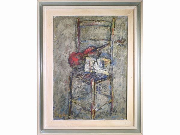 Emanuele Cappello : Still life with chair, violin and book 1966  - Auction Furniture, Paintings and Curiosities from Private Collections - Maison Bibelot - Casa d'Aste Firenze - Milano