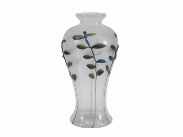 A Moretti vase in milky glass with applications of polychrome leaf shoots