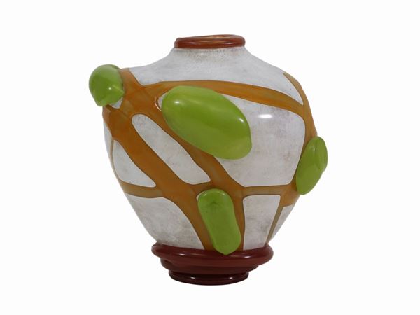 Vase in shaded white with green and orange hot applications