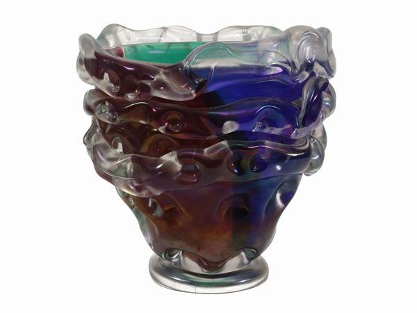 Large multicoloured glass vase with iridescent wave applications on the body