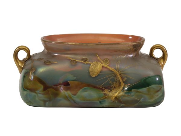 A Graeflich vase in iridescent chalcedony glass with gold and enamel  pine cones decoration