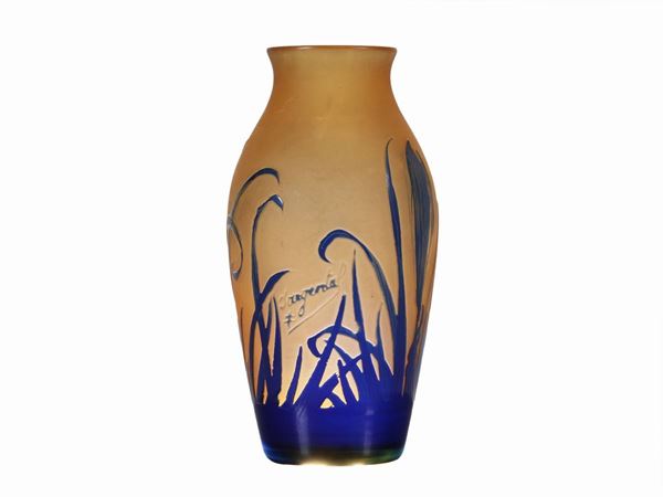 A D'Argental yellow and blue glass vase with acid-etched cameo decoration of crocos flowers. Signed