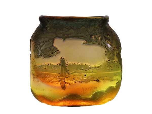 A Legras double cameo glass miniature with landscape decoration in shades of green. Signed Legras