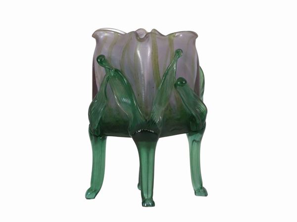 A four-lobed vase in iridescent blown glass with hot green  applications