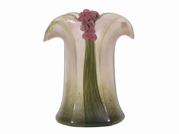 A little glass vase with flared mouth and hot applications of pink flower and leaves