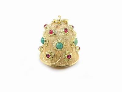 Pendente in Oro Rosa e Giallo con Rubini, Tormalina Verde, Turchesi e Pasta Vitrea