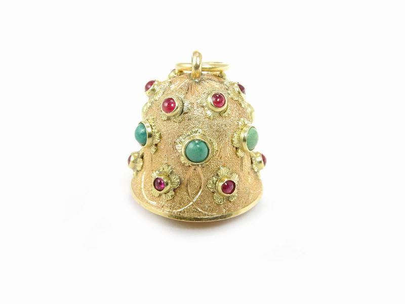 Pendente in Oro Rosa e Giallo con Rubini, Tormalina Verde, Turchesi e Pasta Vitrea