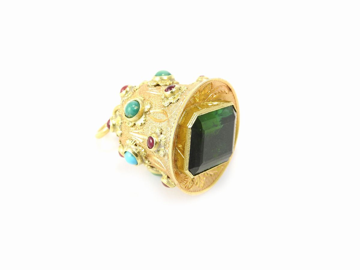 Pendente in Oro Rosa e Giallo con Rubini, Tormalina Verde, Turchesi e Pasta Vitrea