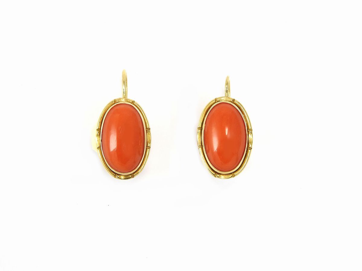 Demi Parure Collana e Orecchini in Oro Giallo con Corallo Rosso Arancio