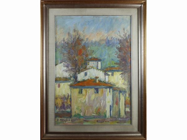 Dino Migliorini : Landscape with houses  ((1907-2005))  - Auction The florentine house of a milanese collector: important glasses, objects of art and contemporary art - Maison Bibelot - Casa d'Aste Firenze - Milano