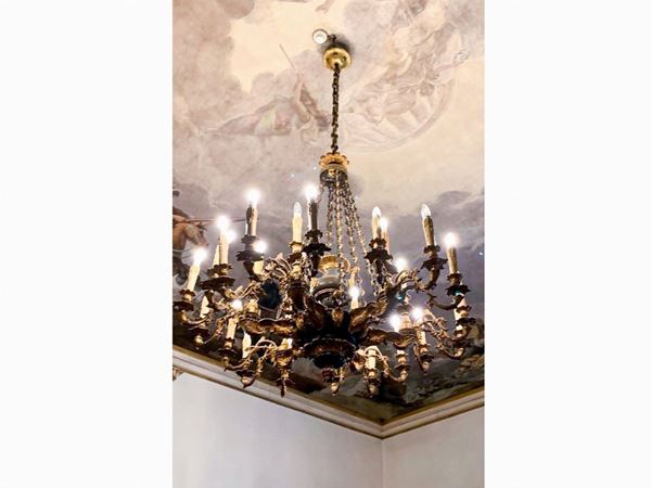 A large ormolou and patinated bronze chandelier