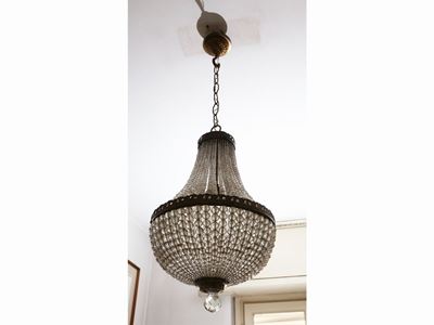 Piccolo Lampadario a Paniere in Cristallo e Metallo