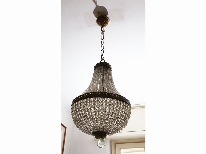Piccolo Lampadario a Paniere in Cristallo e Metallo