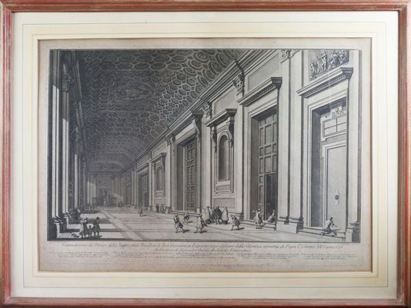 Pier Lorenzo Mangini : Front interior view of the Basilica of San Giovanni Laterano  ((1691-1795))  - Auction The florentine house of a milanese collector: important glasses, objects of art and contemporary art - Maison Bibelot - Casa d'Aste Firenze - Milano