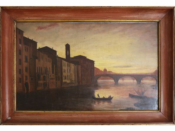 View of Ponte Santa Trinita with figures  - Auction The florentine house of a milanese collector: important glasses, objects of art and contemporary art - Maison Bibelot - Casa d'Aste Firenze - Milano