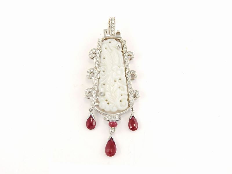 Demi Parure Pendente e Orecchini in Oro Bianco con Diamanti, Rubini, Perle e Madreperla
