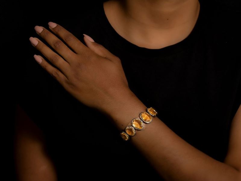 Bracciale in Oro Giallo e Argento 925/000 con Diamanti e Quarzi Citrini