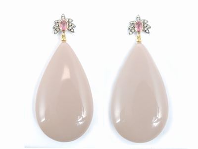 Orecchini Pendenti in Oro Giallo e Argento con Diamanti, Tormaline Rosa e Bachelite