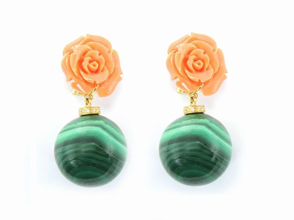 Yellow gold earrings with diamonds, pink orange coral roses and malachite spheres