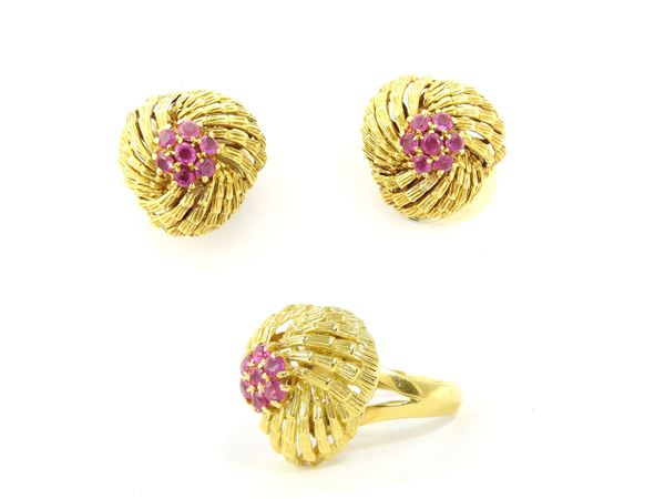 Yellow gold demi parure of ring and earrings with rubies