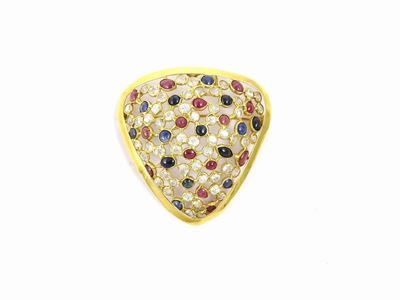Pendente Spilla in Oro Giallo con Zaffiri, Rubini e Pietre Incolori