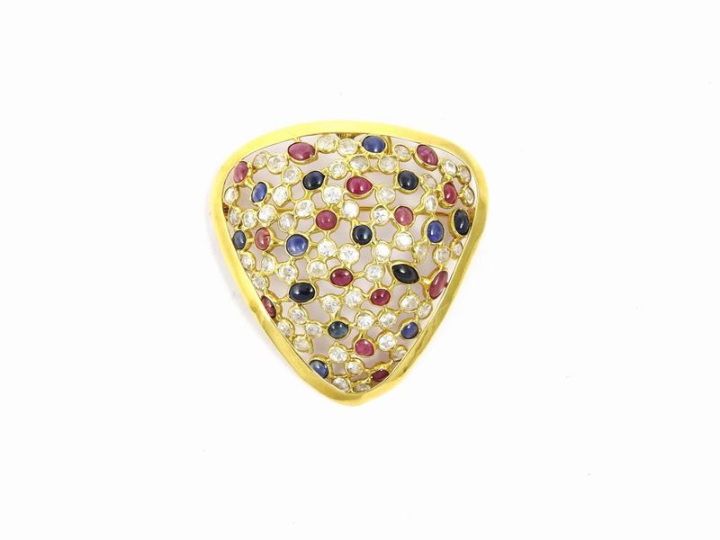 Pendente Spilla in Oro Giallo con Zaffiri, Rubini e Pietre Incolori