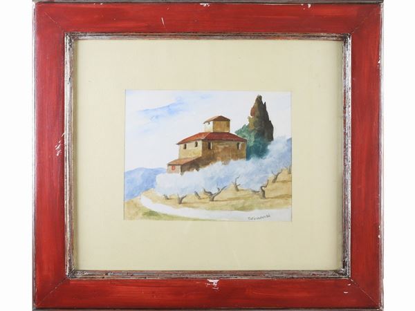 Nino Tirinnanzi : Landscape with a villa and olive trees  ((1923-2002))  - Auction The florentine house of a milanese collector: important glasses, objects of art and contemporary art - Maison Bibelot - Casa d'Aste Firenze - Milano