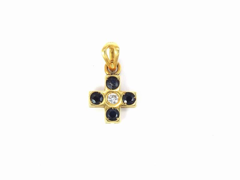 Pendente in Oro Giallo con Diamante e Zaffiri
