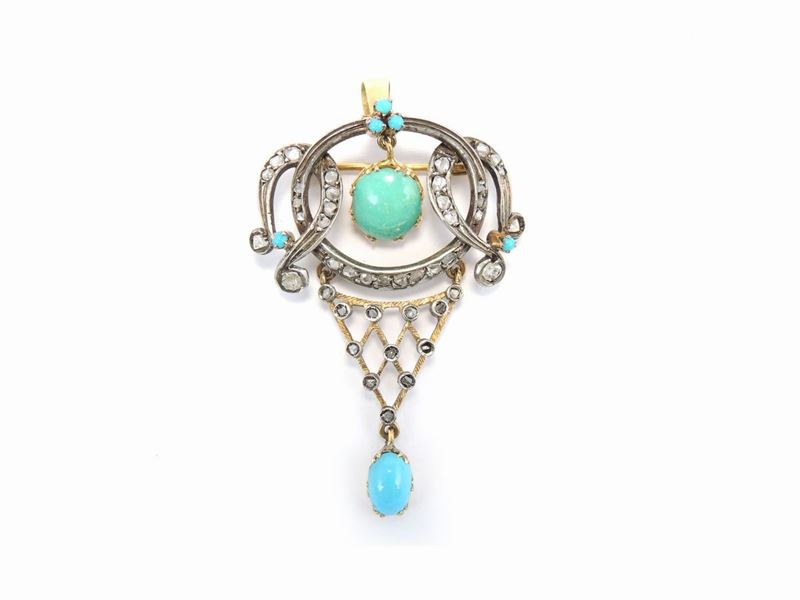 Pendente Spilla in Oro Giallo e Argento con Diamanti, Turchesi e Paste Vitree