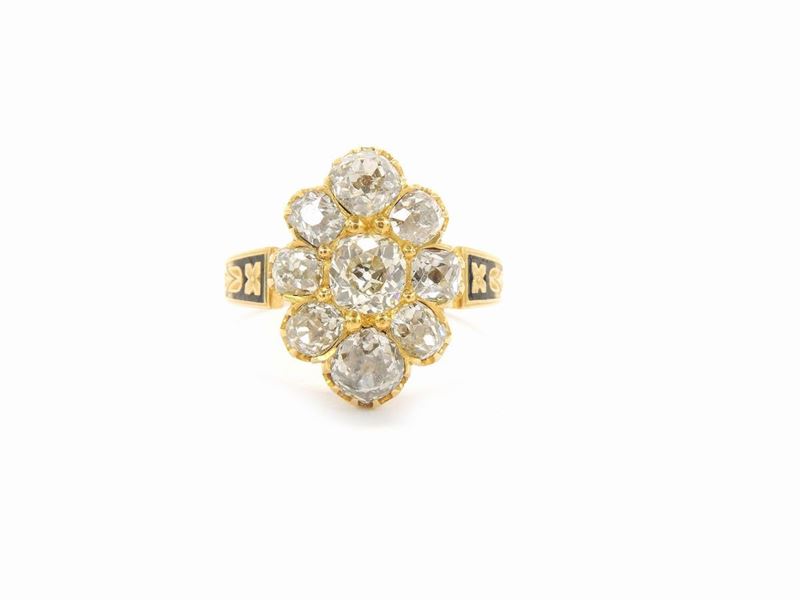 Anello Figarò in Oro Giallo con Diamanti e Smalto Nero