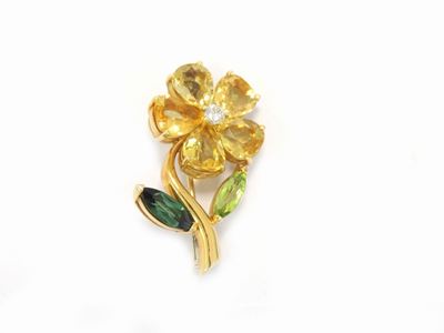 Spilla in Oro Giallo con Diamante, Tormaline e Quarzi Citrino