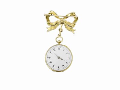 Orologio Spilla in Oro Giallo con Diamanti e Smalti Policromi