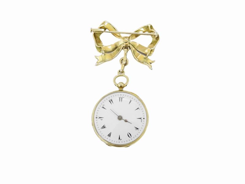 Orologio Spilla in Oro Giallo con Diamanti e Smalti Policromi