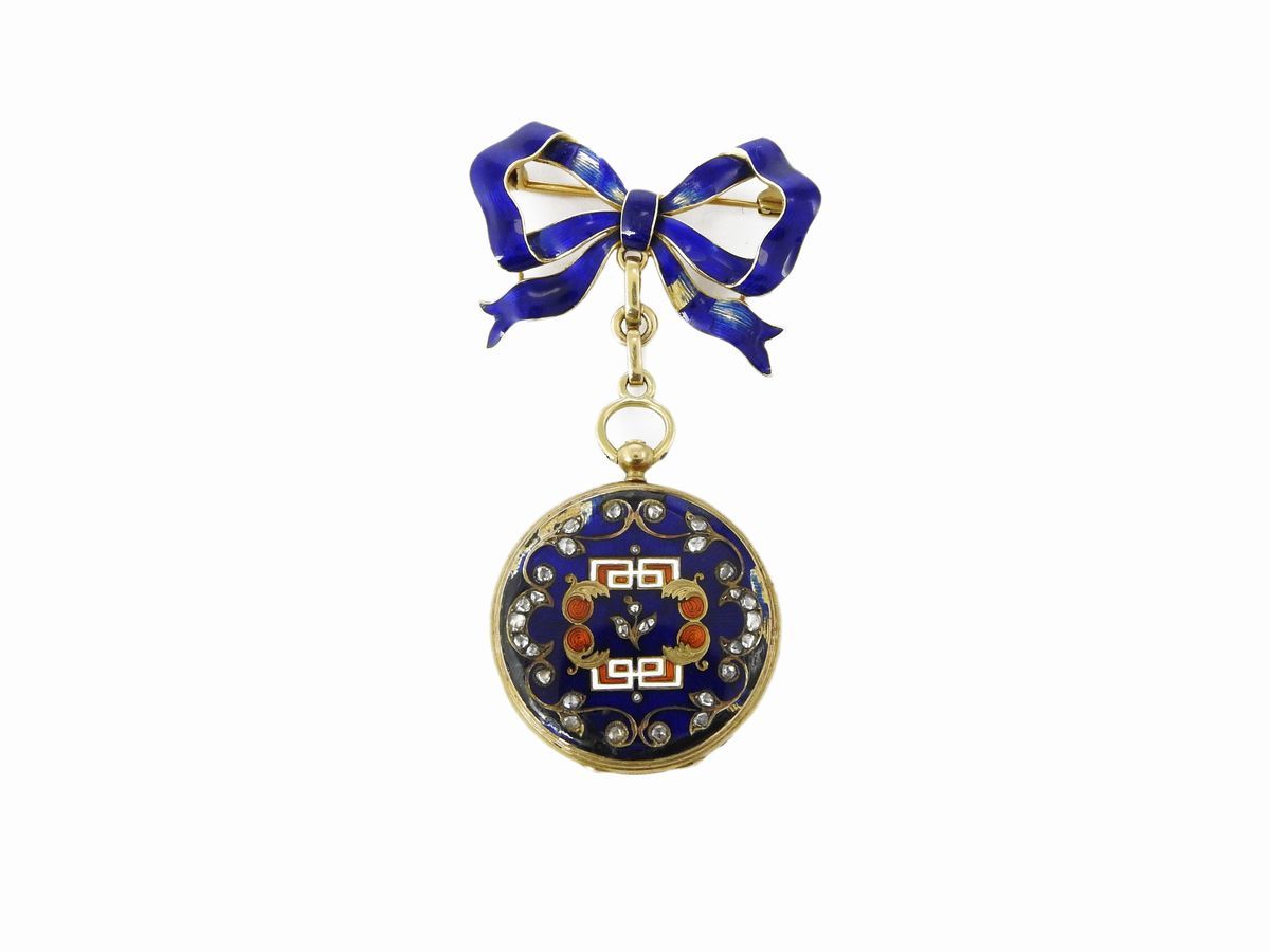 Orologio Spilla in Oro Giallo con Diamanti e Smalti Policromi