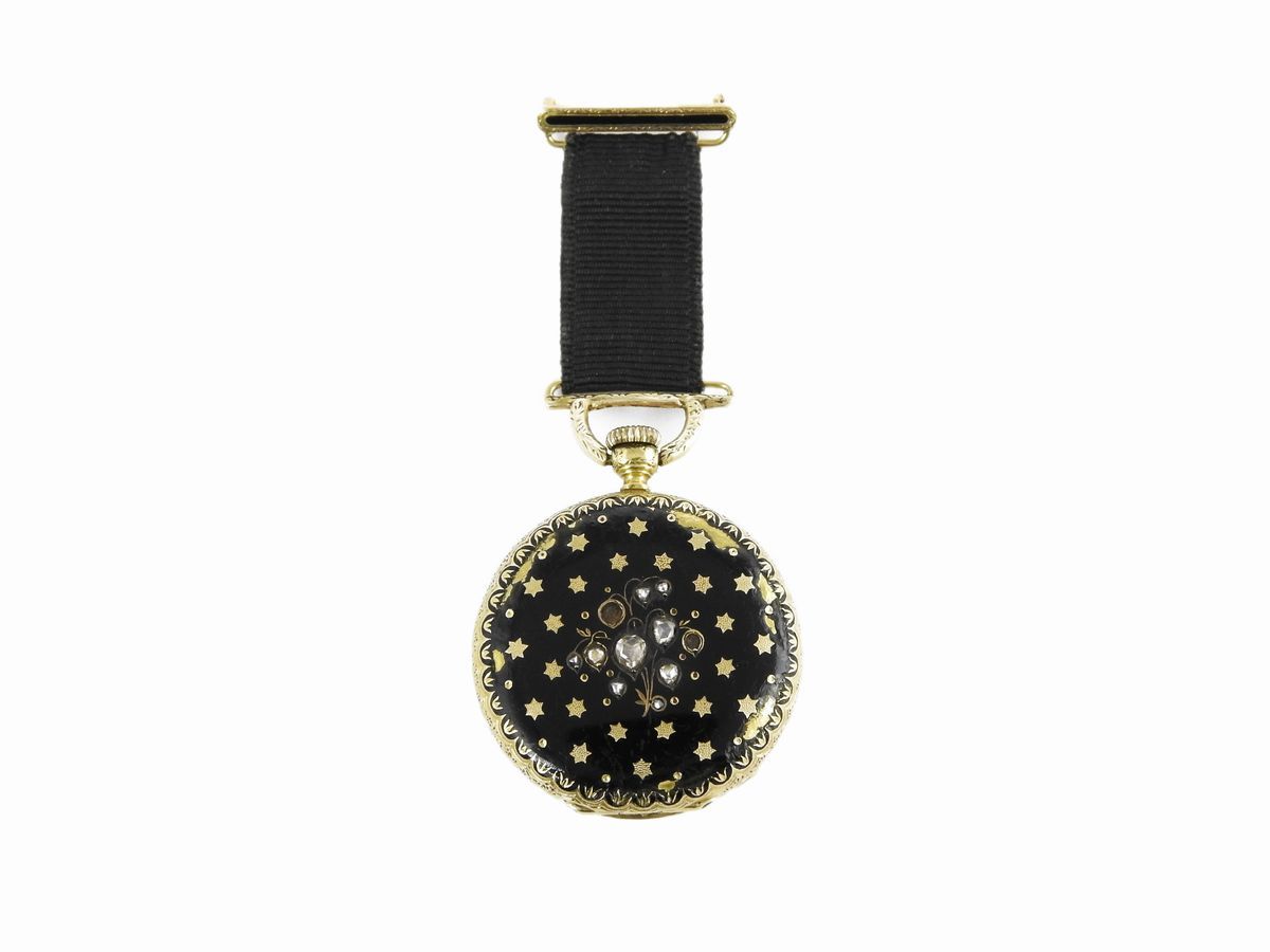 Orologio Spilla in Oro Giallo con Diamanti e Smalti Neri