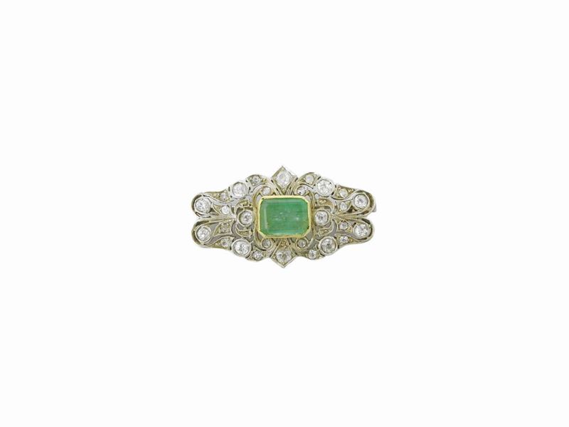 Spilla in Oro Bianco e Giallo con Diamanti e Smeraldo