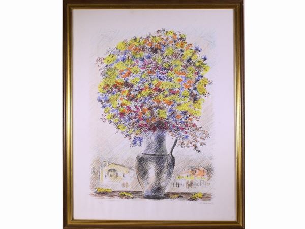 Michele Cascella - Vaso di fiori in un paesaggio