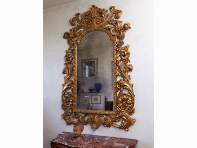 Grande Specchiera in Legno Intagliato e Dorato