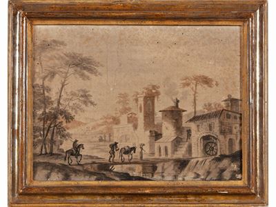 Paesaggio Fluviale con Mulino e Personaggi