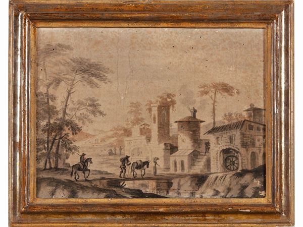 Scuola romana del XVIII/XIX secolo - Paesaggio fluviale con mulino e personaggi