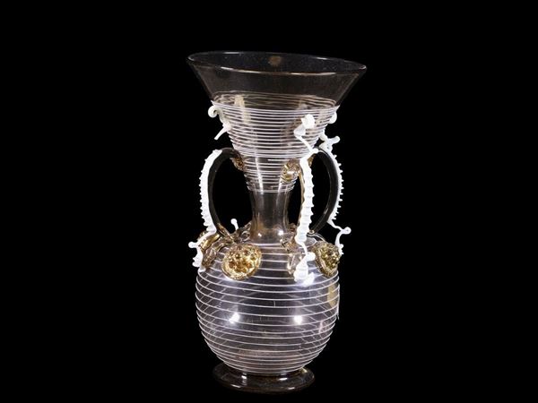 Blown glass vase with handles finished in milky and gold morise applied by heat. Defects.