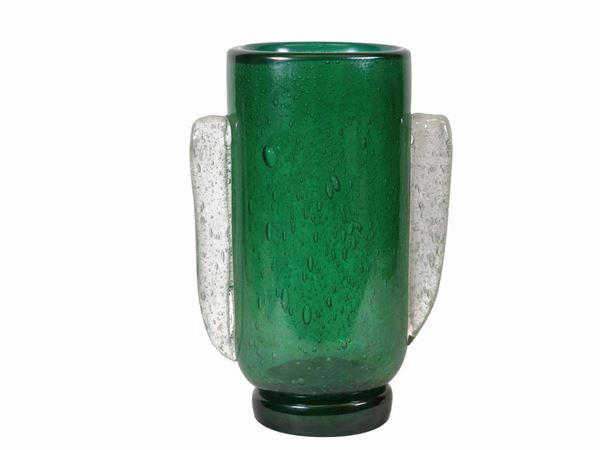 A thick glass vase with bubbles and handles in colorless glass.  (Murano, 20th century)  - Auction The florentine house of a milanese collector: important glasses, objects of art and contemporary art - Maison Bibelot - Casa d'Aste Firenze - Milano